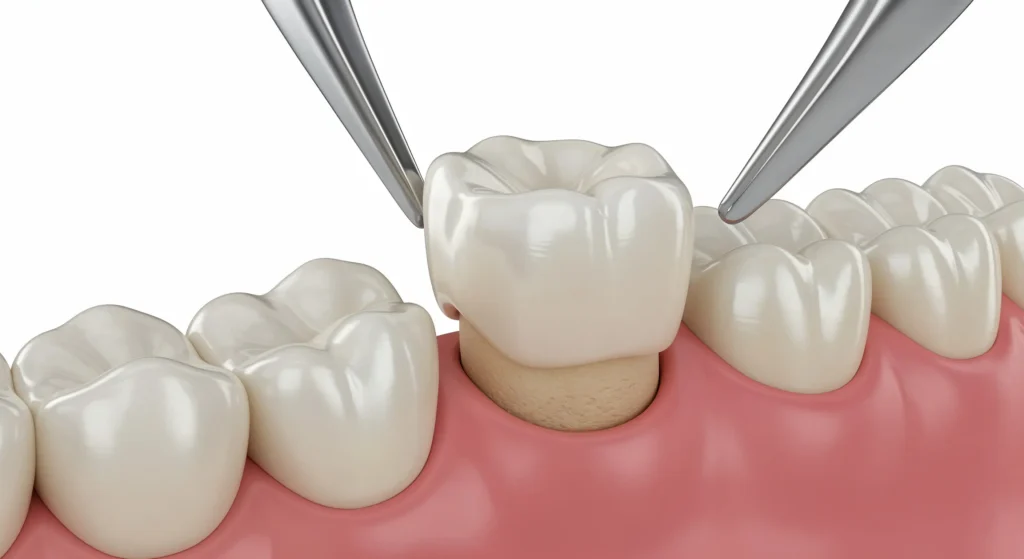Photorealistic 3D Render of Zirconium Dental Crown Placement on Prepared Tooth Stump