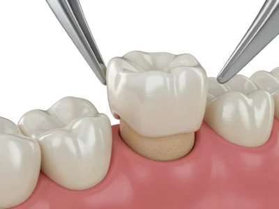 Photorealistic 3D Render of Zirconium Dental Crown Placement on Prepared Tooth Stump