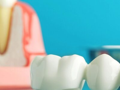 White ceramic dental crown bridge on a reflective surface with a blurred tooth cross-section model behind it